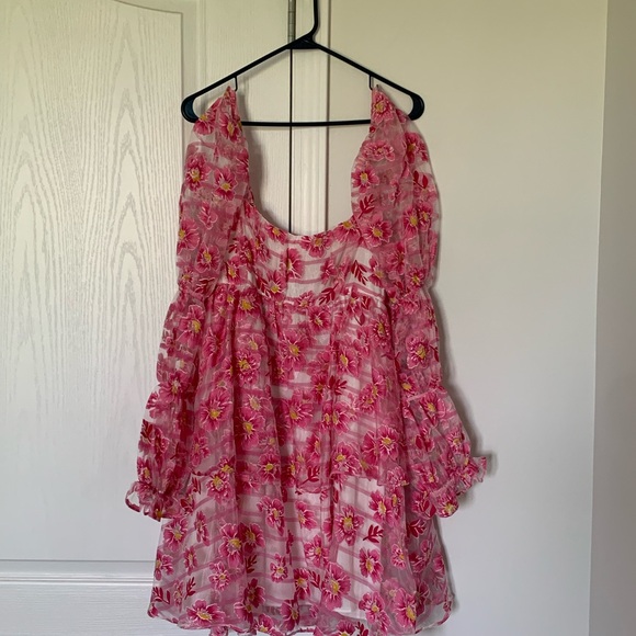 Storia Pink and White Puff Sleeve Babydoll Mini Dress - Picture 3 of 11